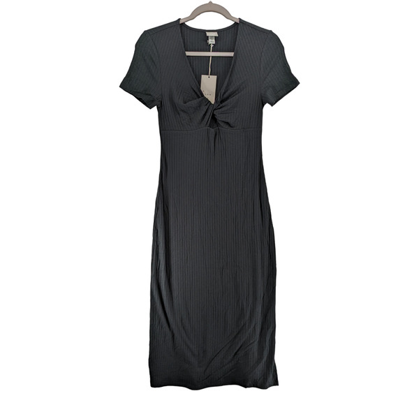 A New Day Sheath Dress XS Black Short Sleeve Cut Out Knit Keyhole Midi Slit Soft - Picture 1 of 10